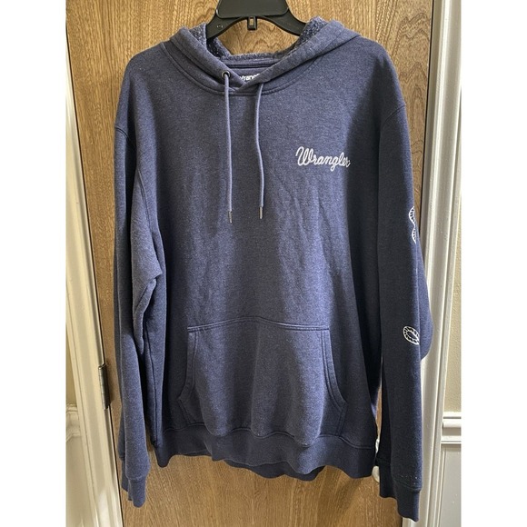 WRANGLER MEN'S LOGO SLEEVE HOODED SWEATSHIRT SCRIPT WRITING SIZE XL NAVY - Picture 1 of 11